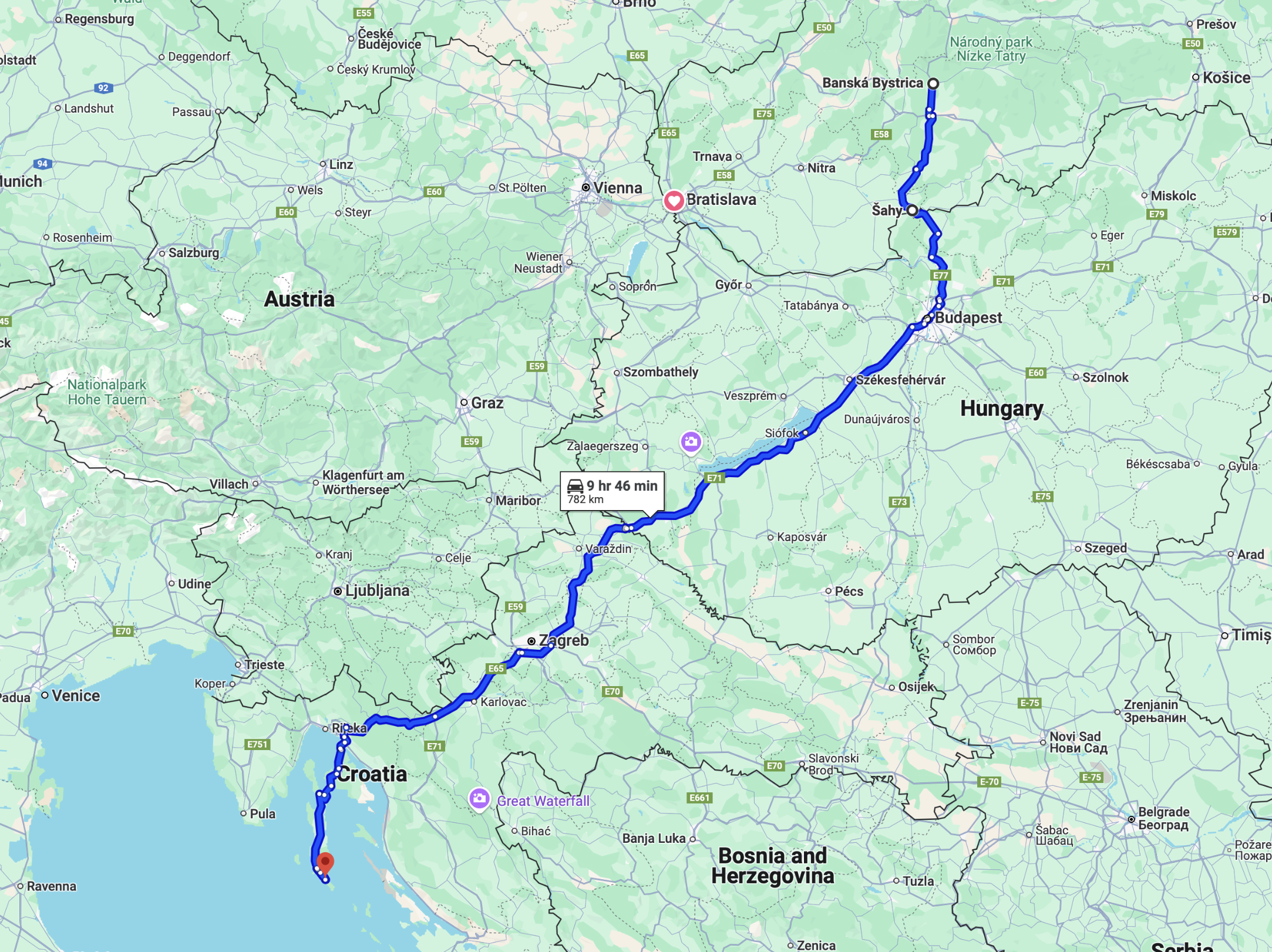 Mapa trasy z Banskej Bystrice na Mali Lošinj